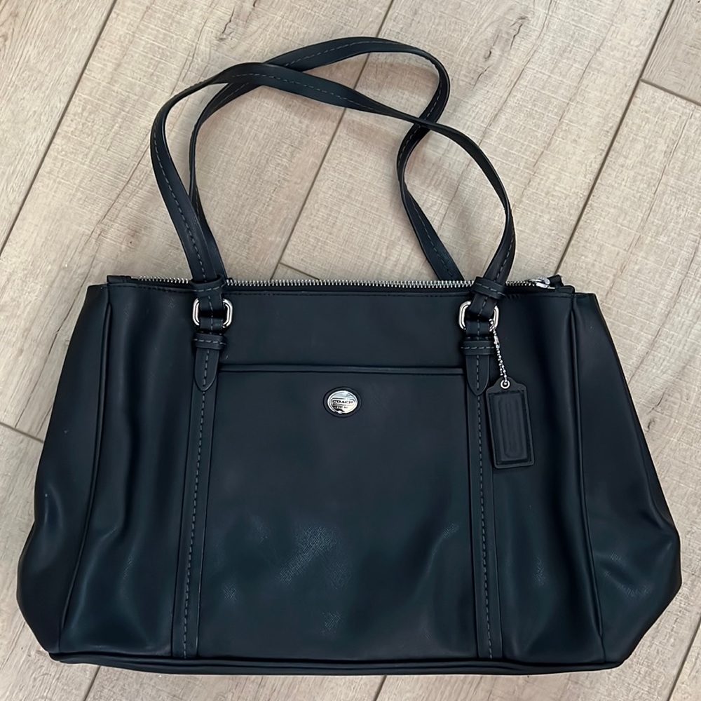 Coach Peyton Leather Jordan Double Zip Carryall Bag Purse Tote Black Silver Grey